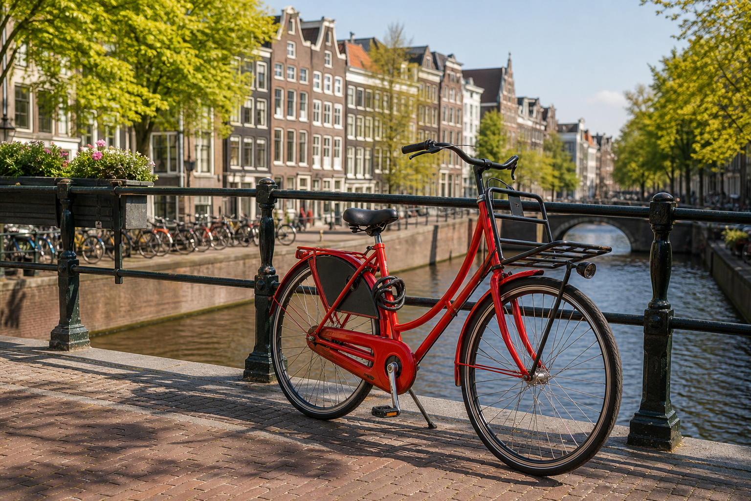A red city bike on an Amsterdam canal bridge